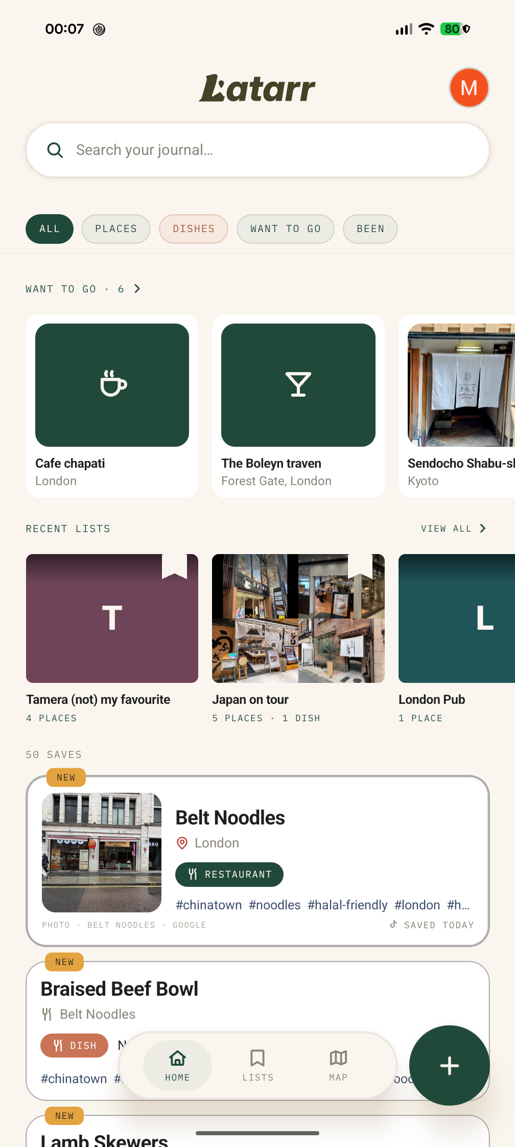 The Latarr journal: saved places and dishes with photos, tags and a search bar