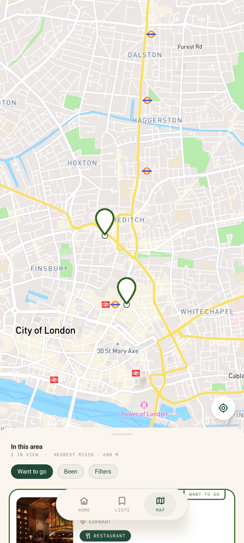 Latarr map: saved places as pins, with 'near me' and want-to-go filters